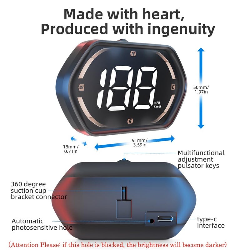 Docbraces Universal GPS Speedometer HUD for Cars - 2025 New Head Up Display with MPH/KMH, Overspeed Alarm, Fatigue Alert, Large LED Font, Plug & Play USB, Auto Brightness - Fits All Vehicles (Yellow) - Image 2